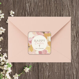 Vrolijke Pasen Religieuze Moderne Roze Bloemen Vierkante Sticker