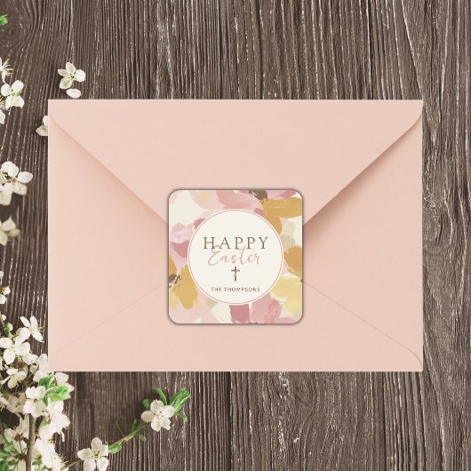 Vrolijke Pasen Religieuze Moderne Roze Bloemen Vierkante Sticker