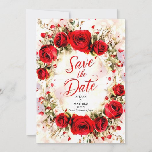 Vrolijke Pastel Crimson Rode Rozen Bruiloft Save The Date (Voorkant)