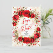 Vrolijke Pastel Crimson Rode Rozen Bruiloft Save The Date (Staand voorkant)