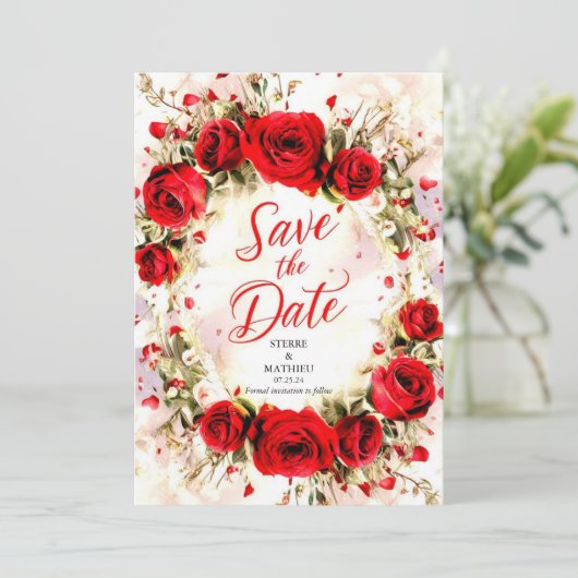 Vrolijke Pastel Crimson Rode Rozen Bruiloft Save The Date (Staand voorkant)