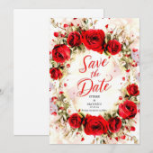 Vrolijke Pastel Crimson Rode Rozen Bruiloft Save The Date (Voorkant / Achterkant)