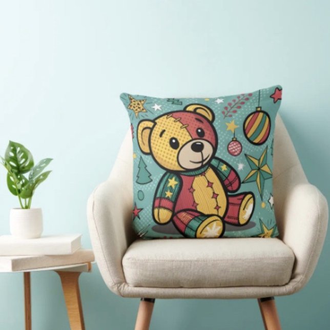 Vrolijke Patchwork Kerst Teddybeer Kussen (Throw Pillow 100% polyester heavyweight stretch material. Hidden zipper Made in the USA.
)