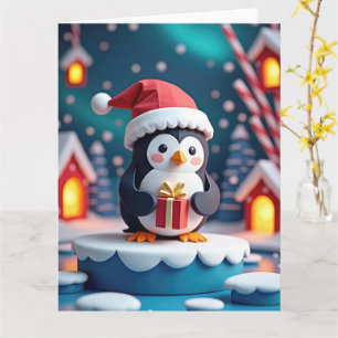Vrolijke pinguïn met cadeau in besneeuwde kerst kaart
