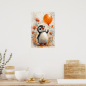 Vrolijke pinguïn met Oranje ballon digitale verf Poster (Keuken)