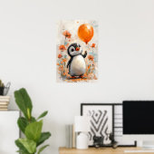 Vrolijke pinguïn met Oranje ballon digitale verf Poster (Thuiskantoor)