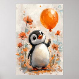 Vrolijke pinguïn met Oranje ballon digitale verf Poster