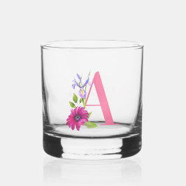 Vrolijke PInk Bloemen Decoratief Initiaal A Whisky Glas