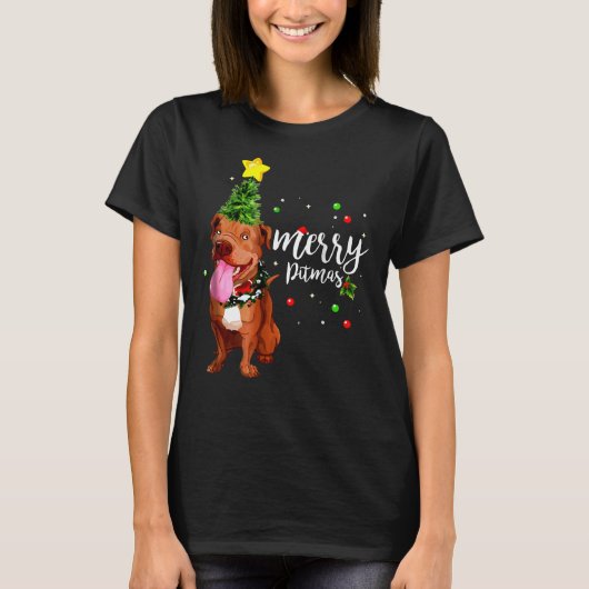 Vrolijke Pitmas Pitbull Kerstboom T-shirt (Voorkant)