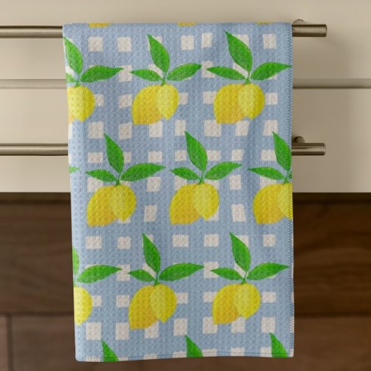 Vrolijke Preppy Yellow Lemons Blauw Wit Check Theedoek