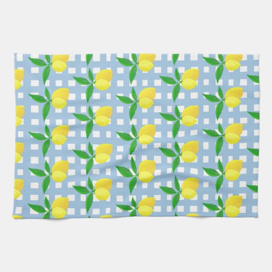 Vrolijke Preppy Yellow Lemons Blauw Wit Check Theedoek (Horizontaal)