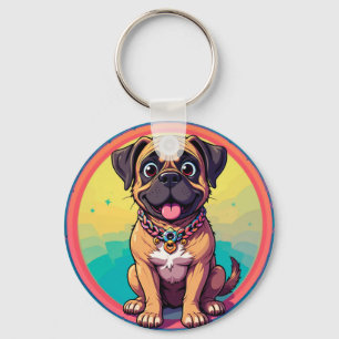 Vrolijke Pug Kleurrijke Cartoon Illustratie Sleutelhanger