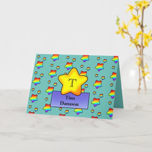 Vrolijke Rainbow Star Verjaardag Kaart Monogram (Gele Bloem)