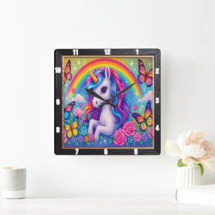 Vrolijke Rainbow Unicorn Bloem Vierkante Klok