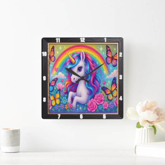 Vrolijke Rainbow Unicorn Bloem Vierkante Klok (Huis)