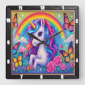 Vrolijke Rainbow Unicorn Bloem Vierkante Klok (Voorkant)