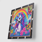 Vrolijke Rainbow Unicorn Bloem Vierkante Klok (Hoek)