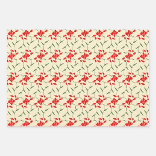 Vrolijke Regal Bloemen Helder Rood, Groen, Ivoor Inpakpapier Vel (Voorkant 2)