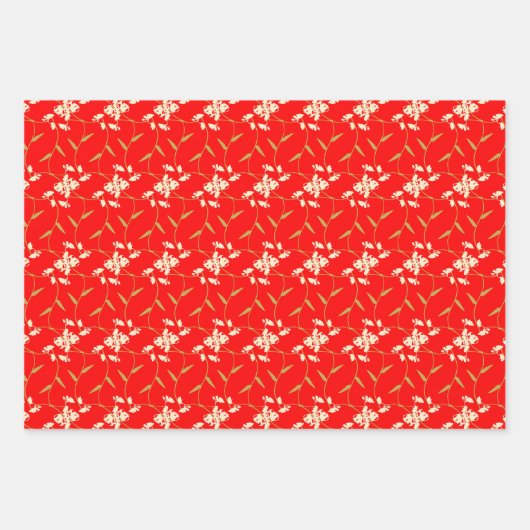 Vrolijke Regal Bloemen Helder Rood, Groen, Ivoor Inpakpapier Vel (Voorkant)