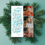 Vrolijke Religieuze Fotokaart Winter Marine Blauw Feestdagenkaart<br><div class="desc">Deze kerst kaart ontwerp heeft een hand geletterde en geïllustreerde Christelijke hymne "Joyful Joyful, We Adore You, God of glory, Lord of love". Dit ontwerp is voorzien van drie van uw prachtige familiefoto's en een ijzig, diepvriesblauw winterkleurenpalet met een waterverf gevoel. Je kunt de achtergrondkleur op dit ontwerp aanpassen en...</div>