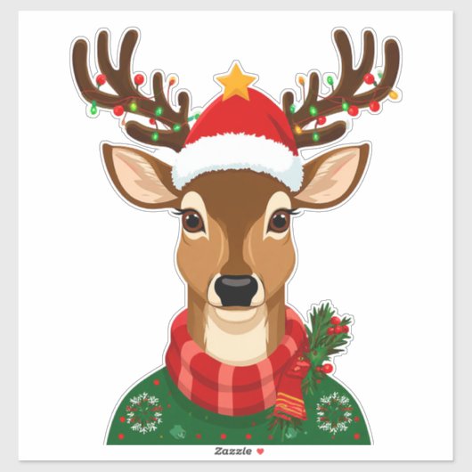 Vrolijke Rendier Met Kerstmanhoed Sticker (Vel)