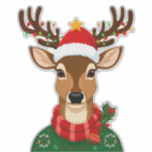Vrolijke Rendier Met Kerstmanhoed Sticker (Voorkant)