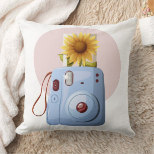 Vrolijke Retro Instant Camera met Zonnebloem Foto Kussen
