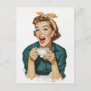 Vrolijke Retro Vrouw Genietend van Koffie Briefkaart