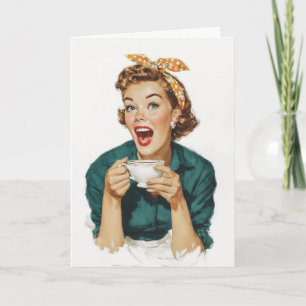 Vrolijke Retro Vrouw Genietend van Koffie Kaart