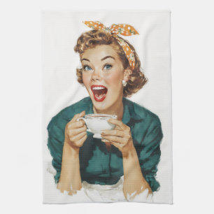 Vrolijke Retro Vrouw Genietend van Koffie Theedoek