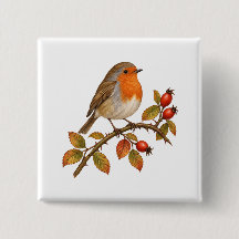 Vrolijke Robin met Rozenbottels en Herfstbladeren