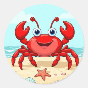 Vrolijke Rode Cartoon Krab Lieve Schelp Kinderen Ronde Sticker