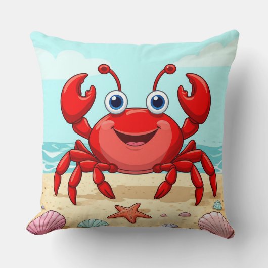 Vrolijke Rode Cartoon Krab op een strand met Seash Kussen (Voorkant)