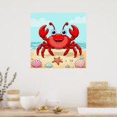 Vrolijke Rode Cartoon Krab op een strand met Seash Poster (Keuken)