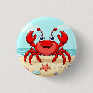 Vrolijke Rode Cartoon Krab op een strand met Seash Ronde Button 3,2 Cm