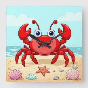 Vrolijke Rode Cartoon Krab Schattige Schelp Kinder Vierkante Klok