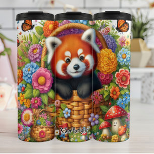 Vrolijke rode panda in mandje thermosbeker