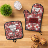 Vrolijke Rode Tartan Oven Mitt en Pot Houders Ovenwant & Pannenlap Set (Top down)