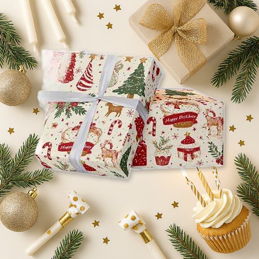 Vrolijke Rode Verjaardag Kerstmis Cadeaupapier