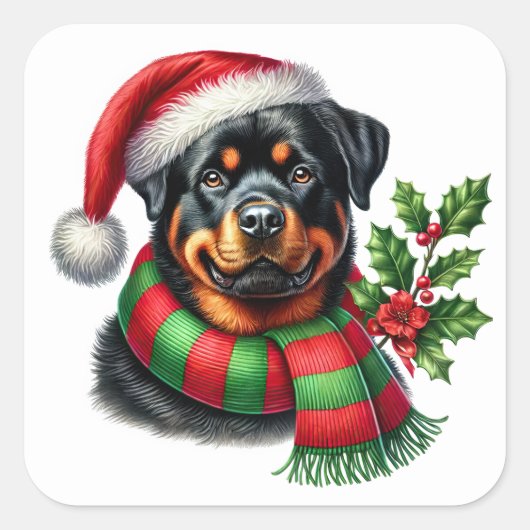 Vrolijke Rottweiler met kerst Pet en sjaal Vierkante Sticker (Voorkant)