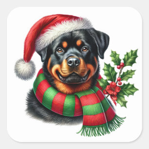 Vrolijke Rottweiler met kerst Pet en sjaal Vierkante Sticker