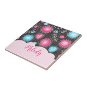 Vrolijke roze blauwe harten en bloemen bloemnaam tegeltje (Zijkant)