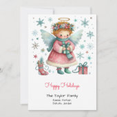 Vrolijke Roze en Blauwe Engel Gelukkig Feestdagenkaart (Voorkant)