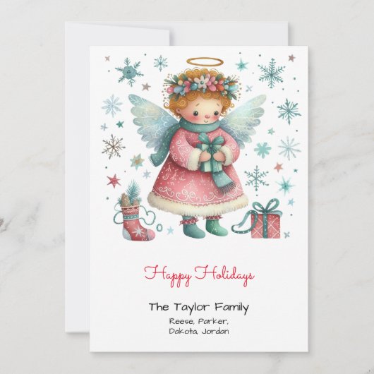 Vrolijke Roze en Blauwe Engel Gelukkig Feestdagenkaart (Voorkant)