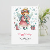 Vrolijke Roze en Blauwe Engel Gelukkig Feestdagenkaart (Staand voorkant)