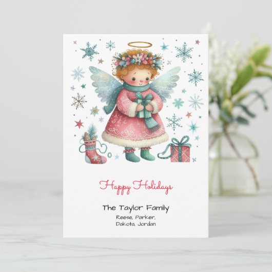 Vrolijke Roze en Blauwe Engel Gelukkig Feestdagenkaart (Staand voorkant)