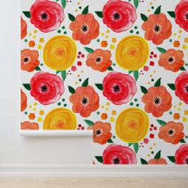 Vrolijke Roze en Gele Waterverf Bloemen Behang