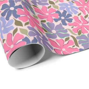 Vrolijke Roze en Paarse Abstracte Bloemen Cadeaupapier