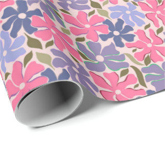 Vrolijke Roze en Paarse Abstracte Bloemen Cadeaupapier