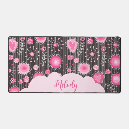 Vrolijke roze grijze harten en bloemen bloemrijke  bureaumat (Voorkant)
